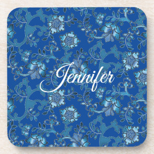 Dessous-de-verre Calligraphie Elégant bleu Floral Nom personnalisé