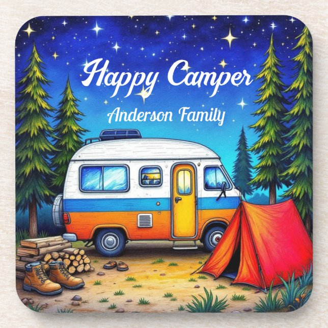 Dessous-de-verre Camper Camper Bleu Vert Nature Aquarelle (Devant)
