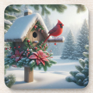 Dessous-de-verre Cardinal d'hiver sur une maison d'oiseaux festive