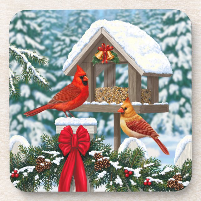 Dessous-de-verre Cardinaux et nourriciers d'oiseaux de Noël (Devant)