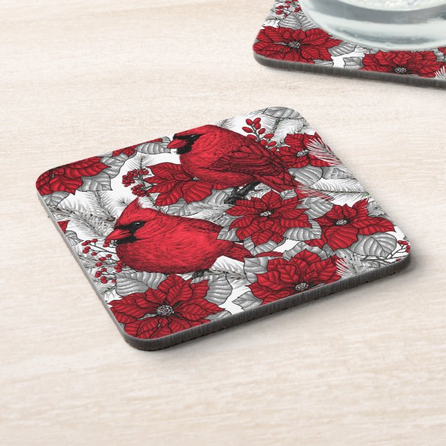 Dessous-de-verre Cardinaux et poinsettia en rouge et blanc (Côté gauche)
