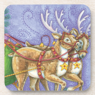 Dessous-de-verre Caricature de Noël Santa Claus Sleigh Reindeer