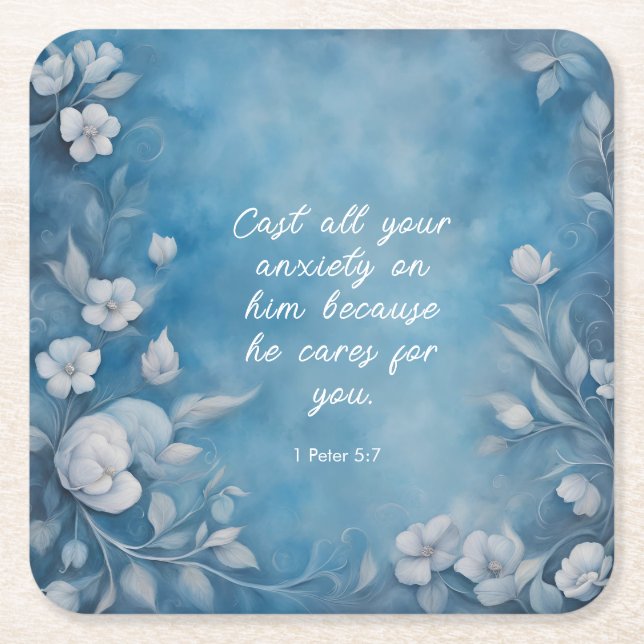 Dessous De Verre Carré 1 Peter 5:7 “Cast All Your Anxiety” Blue Floral (Devant)