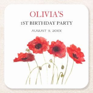 Dessous De Verre Carré 1er Anniversaire Fête Poppies Bébé Fille