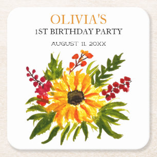 Dessous De Verre Carré 1ère fête d'anniversaire Sunflower Baby Girl