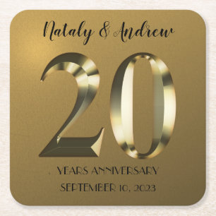 Dessous De Verre Carré 20e anniversaire Mariage d'or métallique