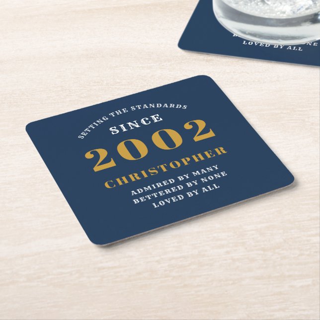 Dessous De Verre Carré 21e Anniversaire Né 2002 Ajouter Nom Blue Gold (Incliné)