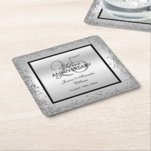 Dessous De Verre Carré 25e anniversaire du Mariage Glitzy Silver & Black