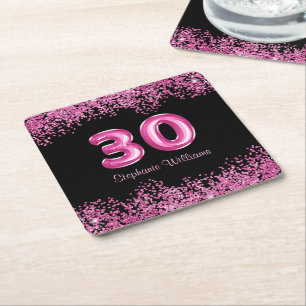Dessous De Verre Carré 30e anniversaire Black Pink Balloons Parties scint