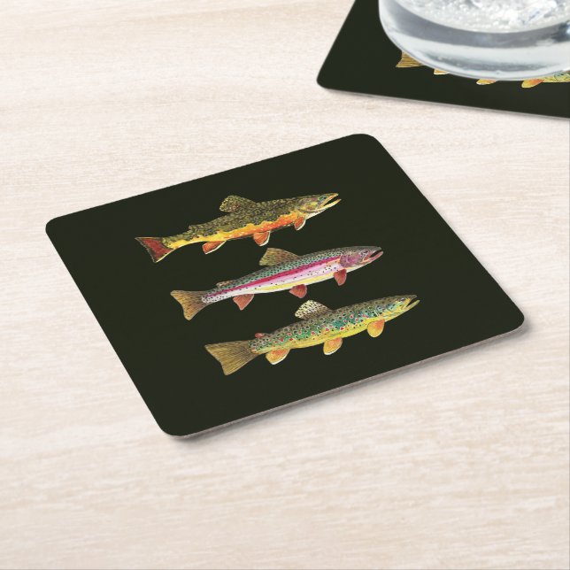 Dessous De Verre Carré 3 truites pour pêcheur ou pêcheur (Incliné)