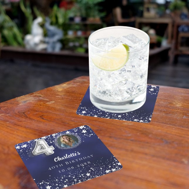 Dessous De Verre Carré 40e anniversaire marine bleu argent étoiles photo (Créateur téléchargé)