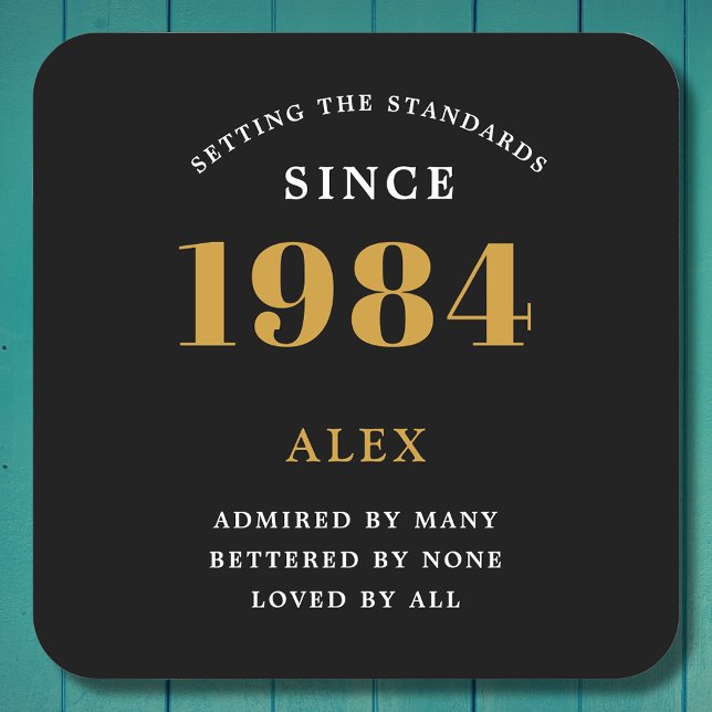 Dessous De Verre Carré 40e anniversaire Nom année Black Gold Elegant Chic (1984 Vintage 40th Birthday Black & Gold paper coaster. Fully personalized.)