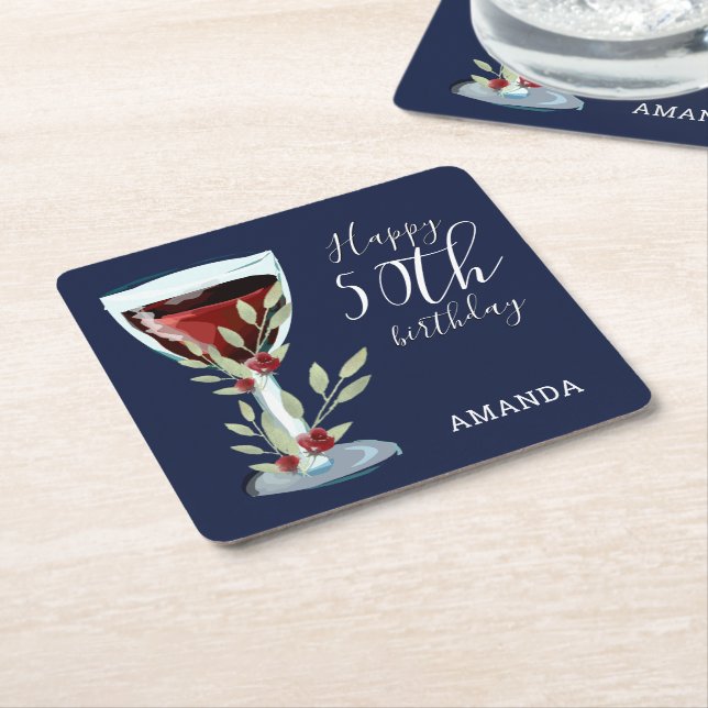 Dessous De Verre Carré 50e anniversaire Vin rouge Rose Aquarelle Marine B (Incliné)