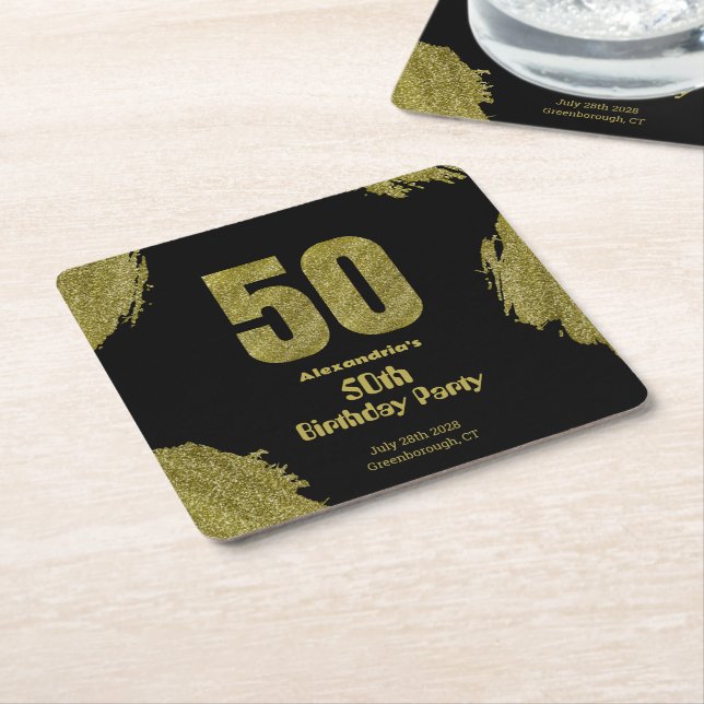 Dessous De Verre Carré 50th birthday black gold glitter party (Incliné)