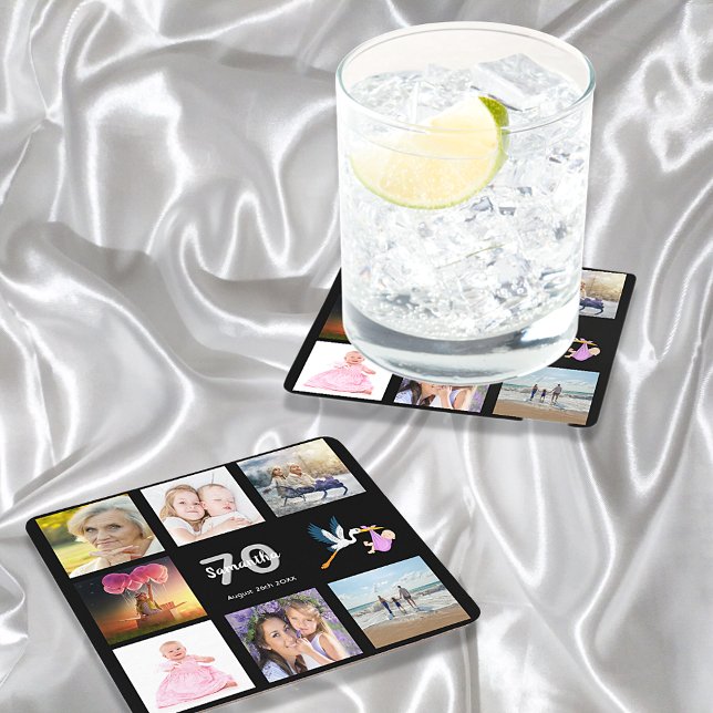 Dessous De Verre Carré 70e anniversaire photo collage noir (Créateur téléchargé)