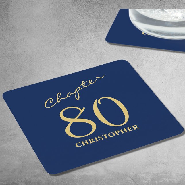 Dessous De Verre Carré 80e anniversaire Blue Gold Chapitre 80 (Personalized 80th birthday paper coasters in blue and gold.)