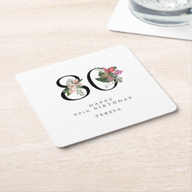 Dessous De Verre Carré 80th Birthday Simple Elegant Tropical Invitation (Incliné)