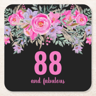 Dessous De Verre Carré 88e anniversaire rose noir floral