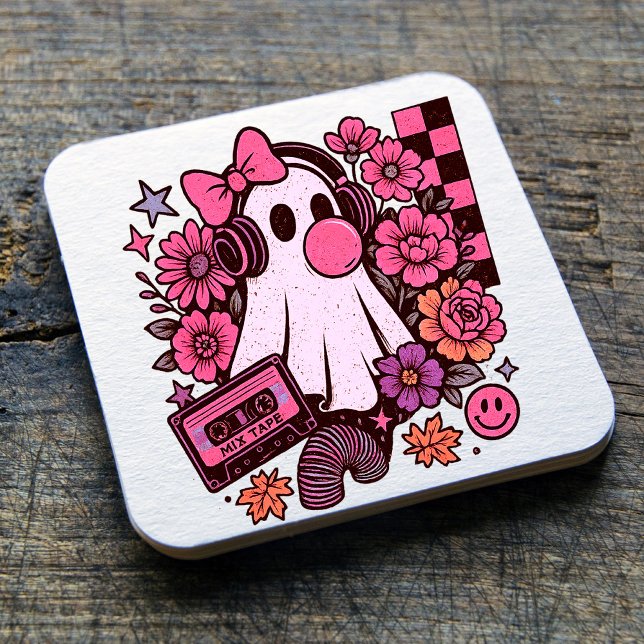 Dessous De Verre Carré 90s Bubblegum esthétique Rétro Fille Fantôme Hallo (This ghost girl design mixes 90s aesthetic nostalgia with playful Halloween charm.)