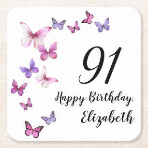 Dessous De Verre Carré 91e Anniversaire Papillons Rose Violet 