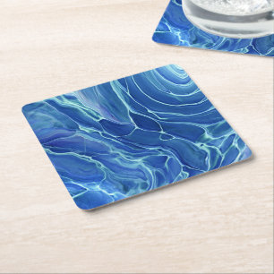 Dessous De Verre Carré Abstraction acrylique marbrée bleu et blanc