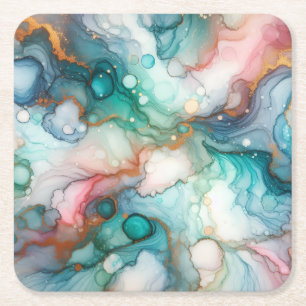 Dessous De Verre Carré Abstrait en rose, sarcelle, bleu et or