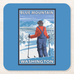 Dessous De Verre Carré Admirer de skieur - montagne bleue, Washington