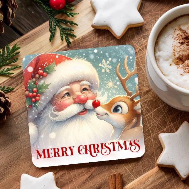 Dessous De Verre Carré Adorable Santa and Rudolph Christmas Paper Coaster (Adorable Santa and Rudolph Christmas Paper Coasters)