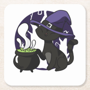 Dessous De Verre Carré Adorable sorcière Chat noir