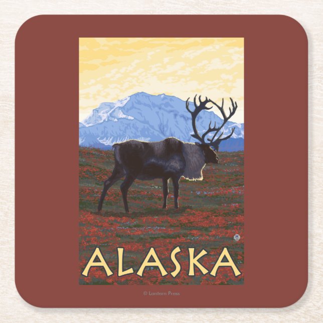 Dessous De Verre Carré Affiche de Vintage voyage d'AlaskaCaribou (Devant)