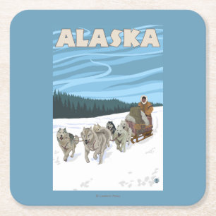 Dessous De Verre Carré Affiche de Vintage voyage d'AlaskaDogsledding