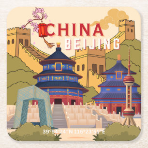 Dessous De Verre Carré Affiche de voyage à Pékin en Chine Art mural de