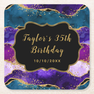 Dessous De Verre Carré Agate de paon pourpre et bleu Anniversaire