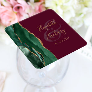 Dessous De Verre Carré Agate Émeraude Vert Or Script Bourgogne Mariage