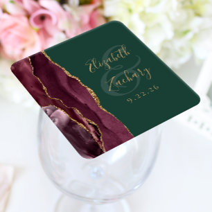 Dessous De Verre Carré Agate Geode Script Burgundy Gold Green Mariage