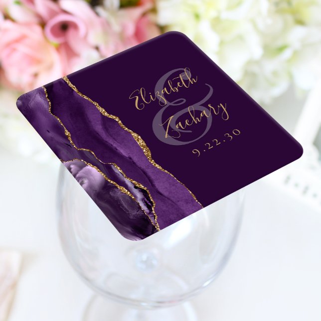 Dessous De Verre Carré Agate Geode Script Purple Gold Plum Mariage (Créateur téléchargé)