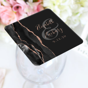 Dessous De Verre Carré Agate Geode Script Rose noir Gold Dark Mariage