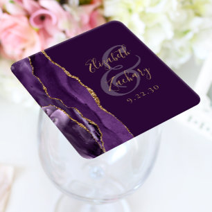 Dessous De Verre Carré Agate Géode Script Violet Or Prune Mariage