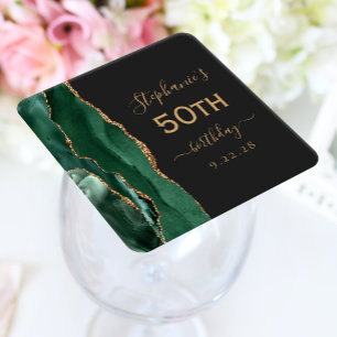 Dessous De Verre Carré Agate Script Émeraude Or Foncé 50e Anniversaire