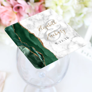 Dessous De Verre Carré Agate Script Vert Émeraude Or Mariage Marbre