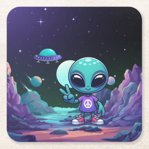 Dessous De Verre Carré Alien de paix mignon et vaisseau spatial