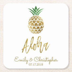 Dessous De Verre Carré Aloha Tropical Hawaiian Mariage Ananas Blanc