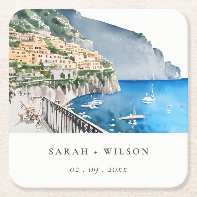 Dessous De Verre Carré Amalfi Coast Italie Aquarelle Mariage Paysage (Devant)
