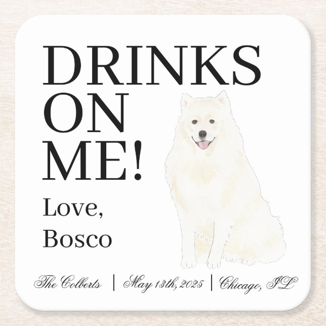 Dessous De Verre Carré American Eskimo Chien Samoyé Mariage (Devant)