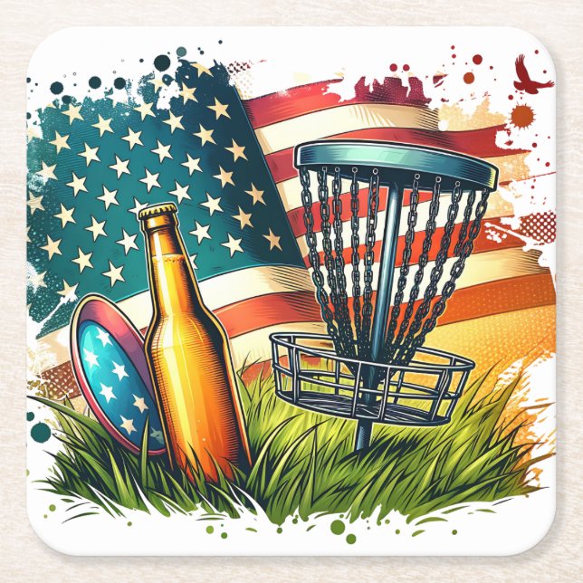 Dessous De Verre Carré American Flag Disk Golf and Beer (Devant)