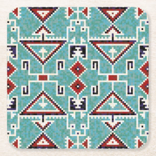 Dessous De Verre Carré Amérindiens rouges et Turquoises Navajo Motif