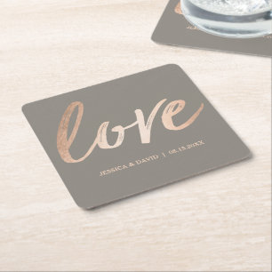 Dessous De Verre Carré Amour rose d'or d'aluminium de Faux de manuscrit