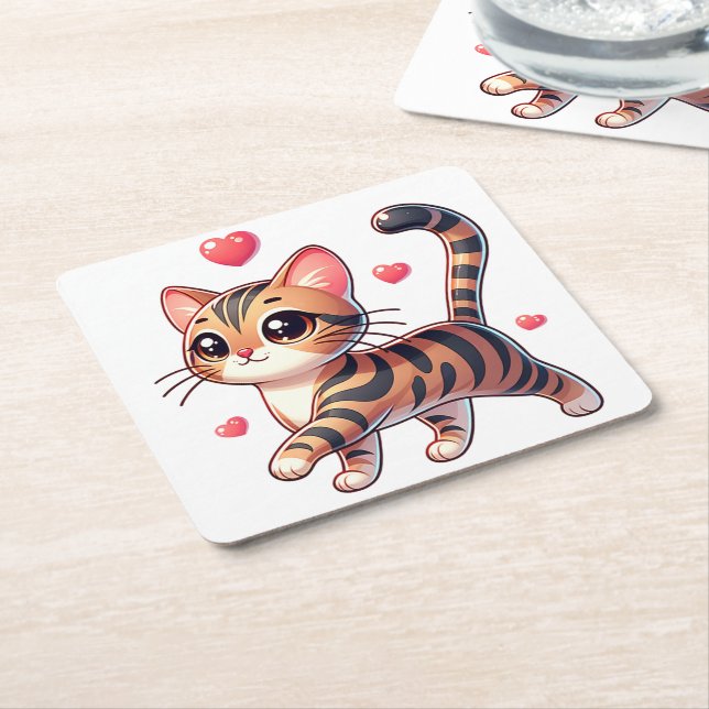 Dessous De Verre Carré Amoureux des chats Bengale mignon Coeur rouge Kitt (Incliné)