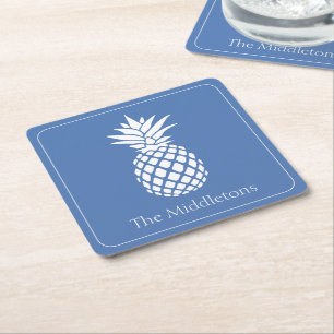 Dessous De Verre Carré Ananas blanc chic sur fond bleu