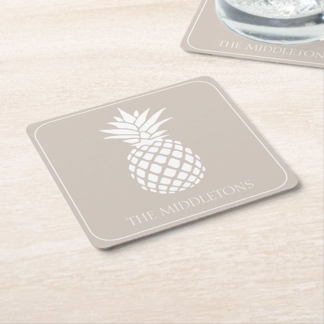 Dessous De Verre Carré Ananas blanc préppy sur beige (Incliné)